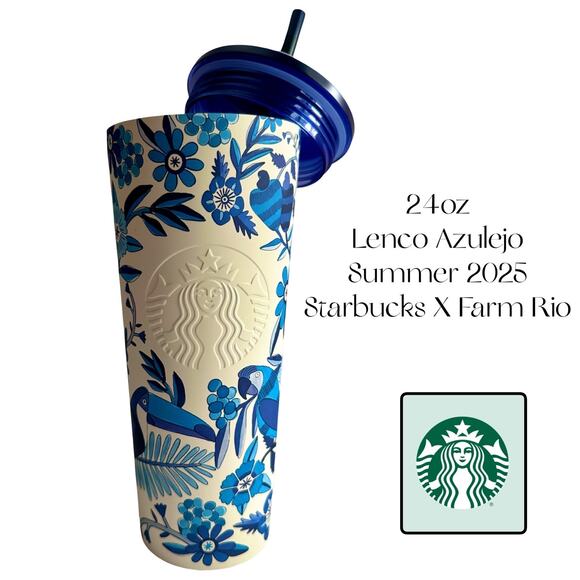 NEW STARBUCKS FARM RIO Blue Ivory Floral 24oz Cold Tumbler Limited Edition 2025